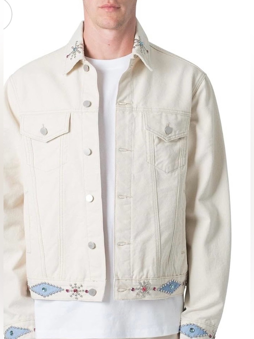 MNML Men's white trucker studded Embellished Denim Jacket - size S-NWT $150